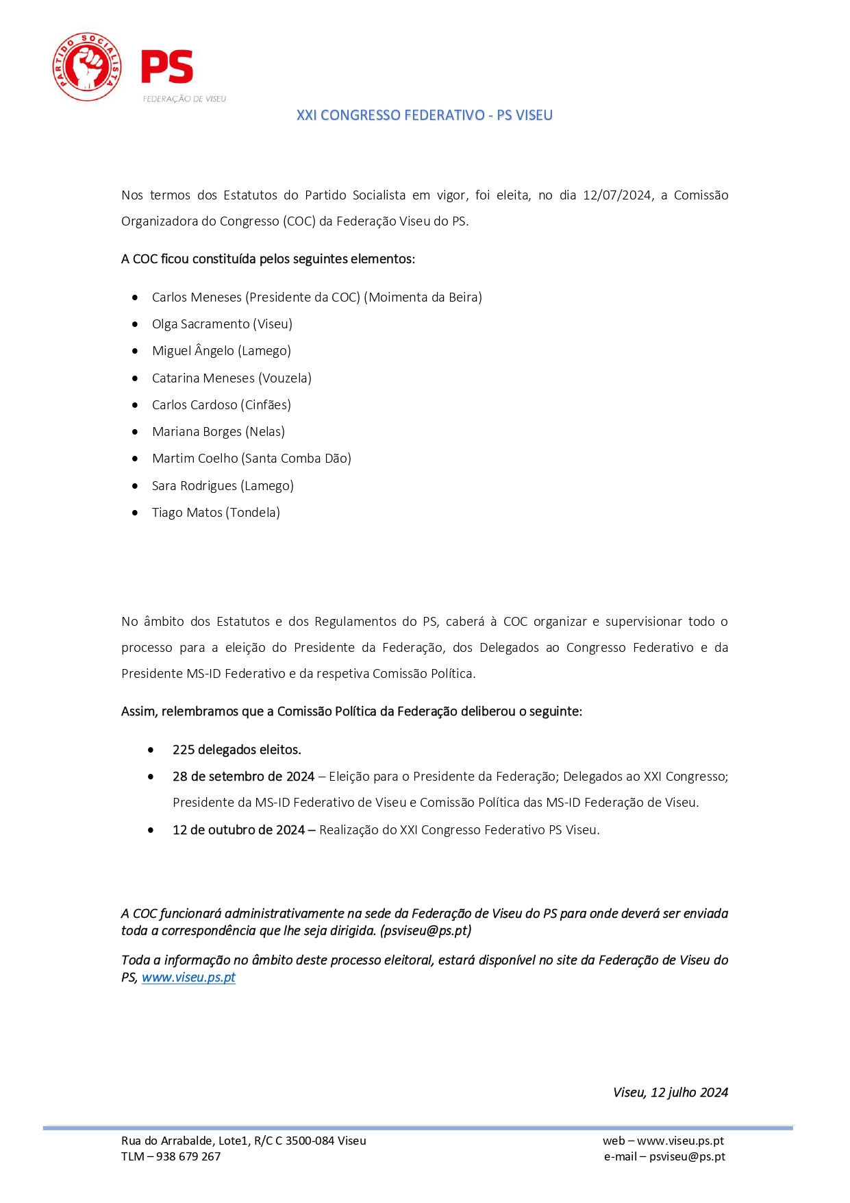 ELEITA A COMISSÃO ORGANIZADORA DO XXI CONGRESSO DA FEDERAÇÃO DE VISEU